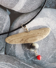 Load image into Gallery viewer, Black &amp; White Amazonite with red coral on black leather necklace 22&quot;
