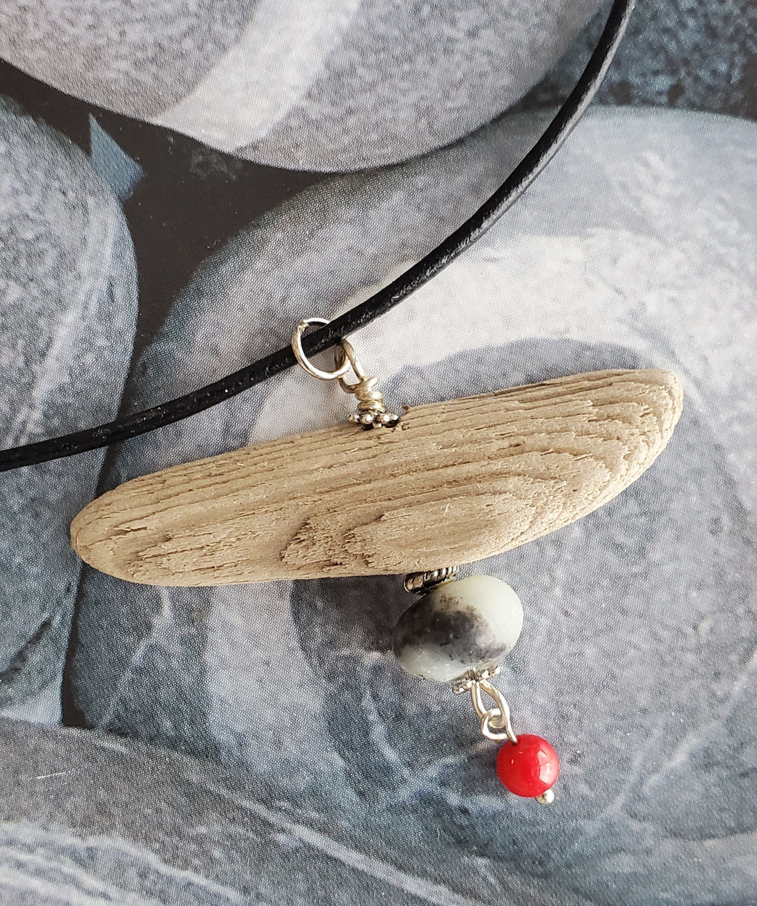 Black & White Amazonite with red coral on black leather necklace 22